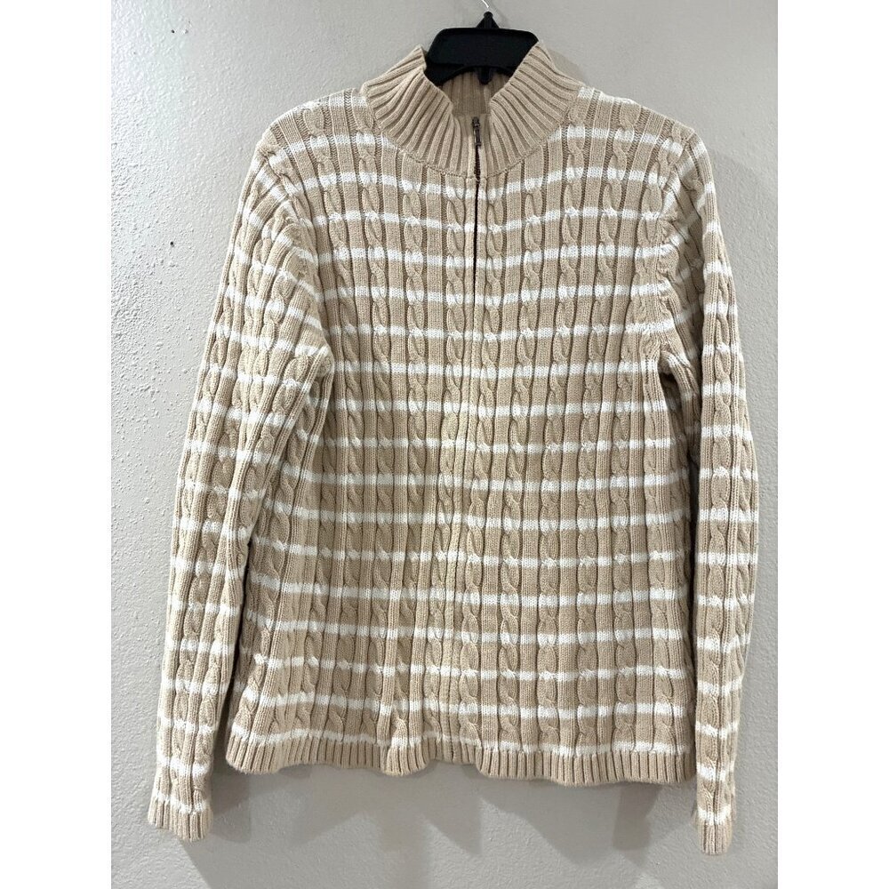 L.L.Bean womens tan white striped cable knit full-zip sweater cardigan cotton Xl